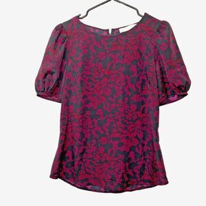 Ann Taylor Loft Womens Small Purple Black Floral Short Sleeve Round Neck Zip